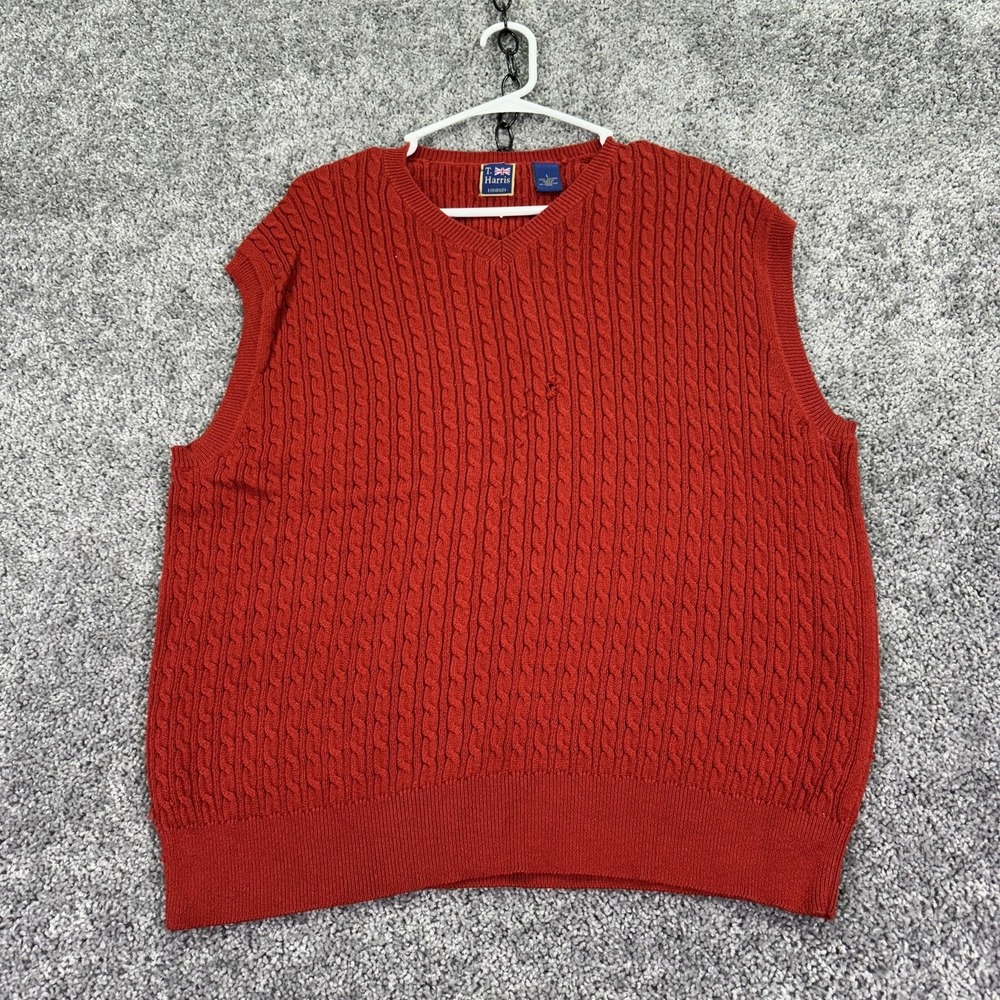 T. Harris Sweater Vest Mens Large Red Cotton Cable Knit Casual Fall Sleeveless